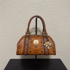 MCM Cognac Brown Visetos Satchel with Gold Hardware